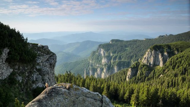 Morning view of valley with shinny green forest and wild stones.  Slider 4k Timelapse.  