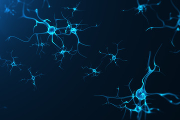 Conceptual illustration of neuron cells with glowing link knots. Synapse and Neuron cells sending electrical chemical signals. Neuron of Interconnected neurons with electrical pulses, 3D rendering
