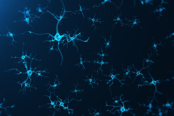 Conceptual illustration of neuron cells with glowing link knots. Synapse and Neuron cells sending electrical chemical signals. Neuron of Interconnected neurons with electrical pulses, 3D rendering