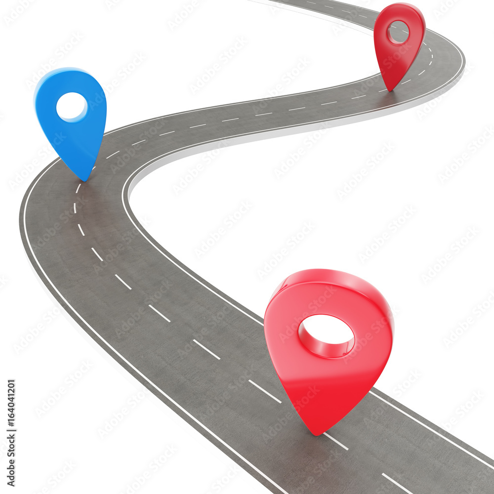 Poster road trip and journey route. winding road on a white background with pin pointer. road way location 