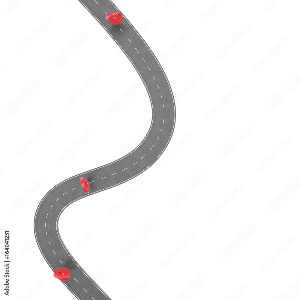 Poster road trip and journey route. winding road on a white background with pin pointer. road way location 