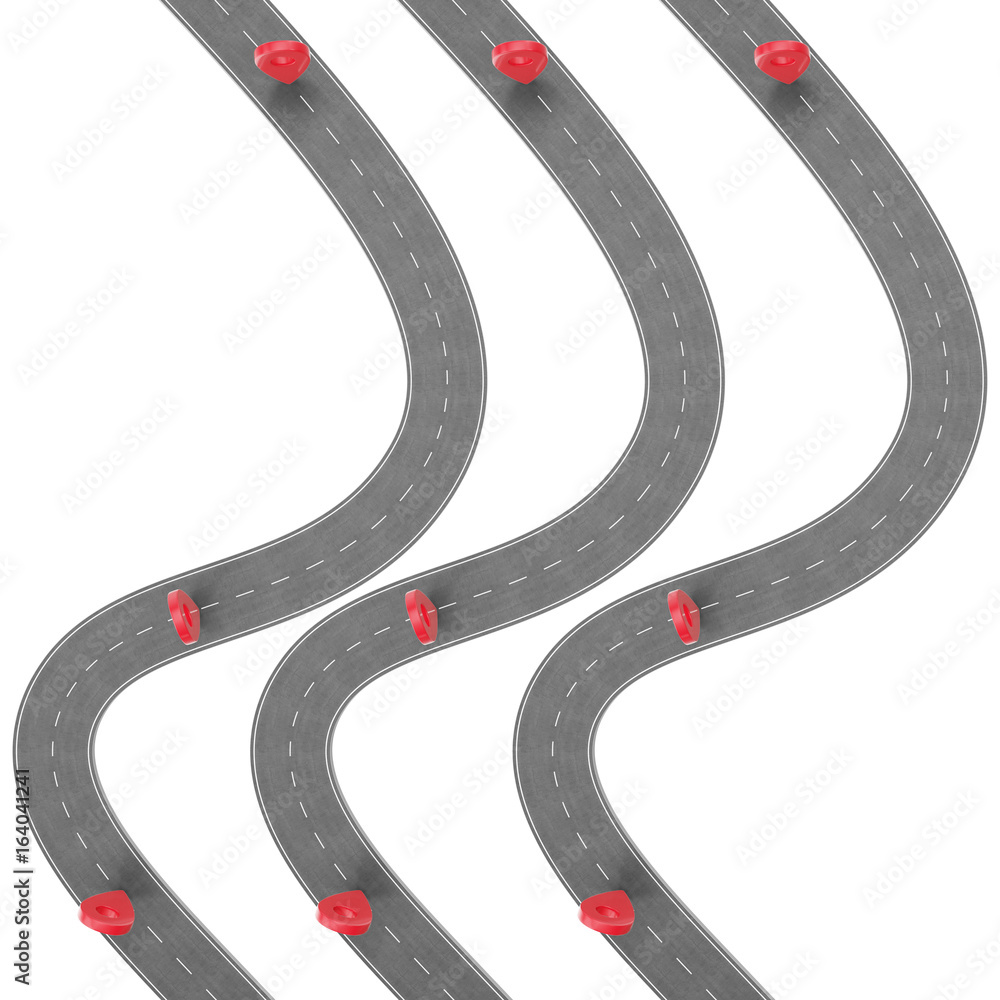 Poster road trip and journey route. winding road on a white background with pin pointer. road way location 