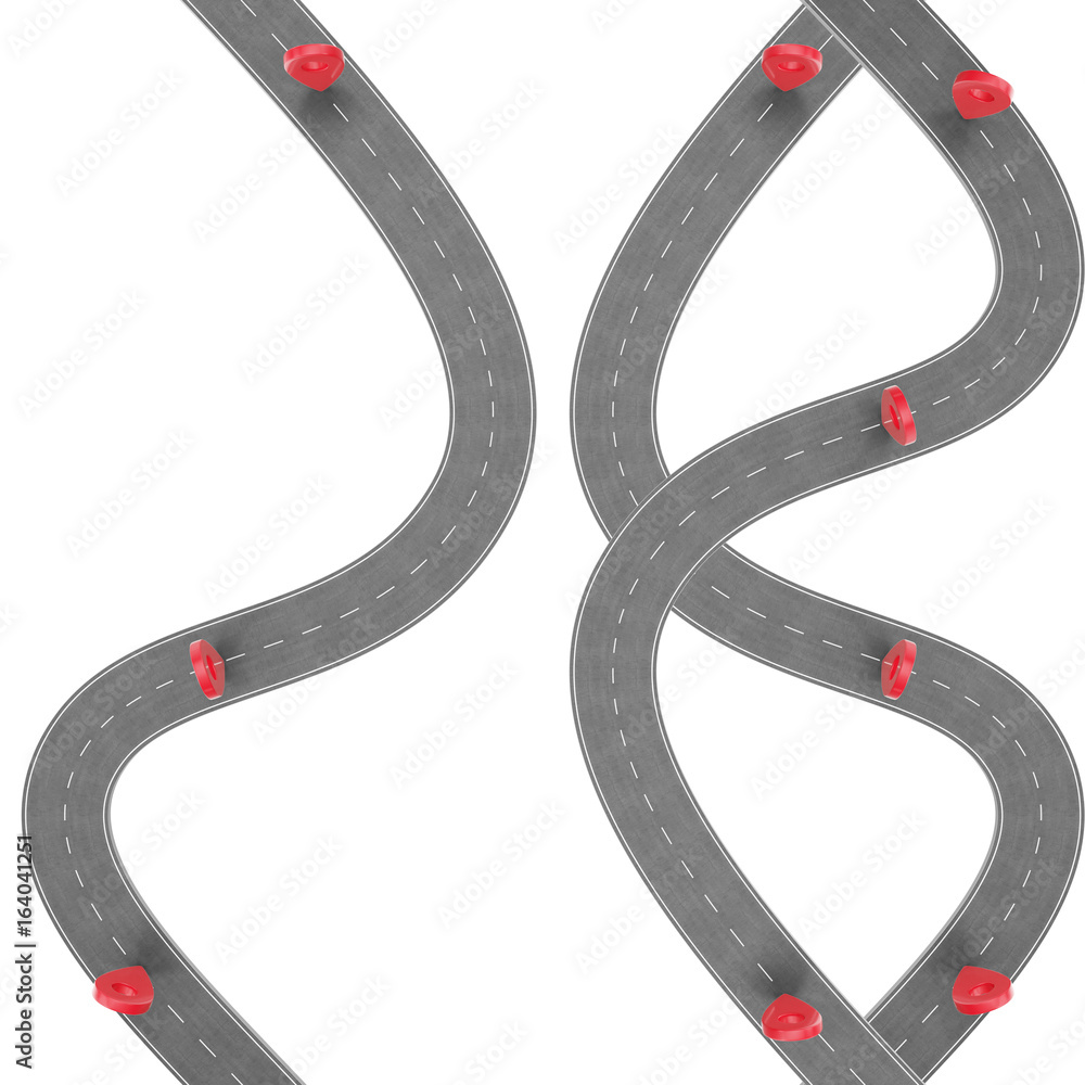 Fototapete road trip and journey route. winding road on a white background with pin pointer. road way location 