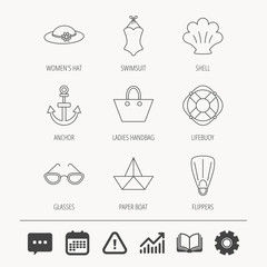 Paper boat, shell and swimsuit icons. Lifebuoy, glases and women hat linear signs. Anchor, ladies handbag icons. Education book, Graph chart and Chat signs. Attention, Calendar and Cogwheel web icons