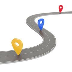 Road trip and Journey route. Winding Road on a white background with Pin Pointer. Road way location infographic template with pin pointer, 3d Rendering
