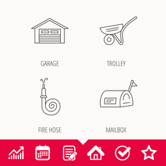 Mailbox, garage and fire hose icons. Trolley linear sign. Edit document, Calendar and Graph chart signs. Star, Check and House web icons. Vector