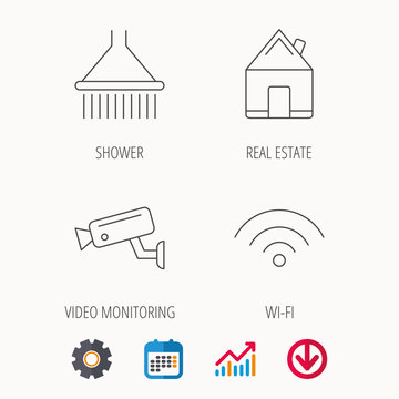 Wi-fi, video monitoring and real estate icons. Shower linear sign. Calendar, Graph chart and Cogwheel signs. Download colored web icon. Vector