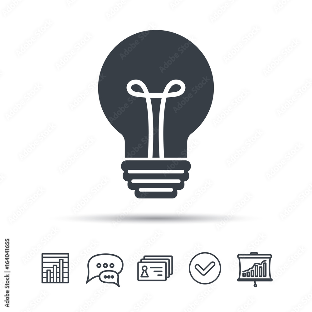 Poster light bulb icon. lamp sign. illumination technology symbol. chat speech bubble, chart and presentati