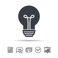 Light bulb icon. Lamp sign. Illumination technology symbol. Chat speech bubble, chart and presentation signs. Contacts and tick web icons. Vector