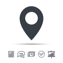 Location icon. Map pointer symbol. Chat speech bubble, chart and presentation signs. Contacts and tick web icons. Vector