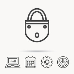 Lock icon. Padlock or protection sign. Password symbol. Notebook, Calendar and Cogwheel signs. Download arrow web icon. Vector