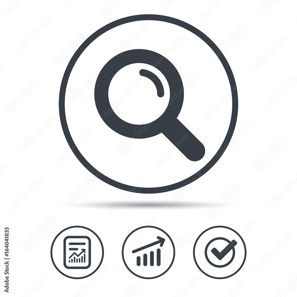 Poster magnifier icon. search magnifying glass symbol. report document, graph chart and check signs. circle