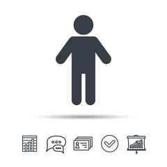 Obraz premium Man icon. Male human symbol. User sign. Chat speech bubble, chart and presentation signs. Contacts and tick web icons. Vector