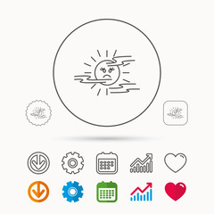 Mist icon. Fog with sun sign. Sunny smile symbol. Calendar, Graph chart and Cogwheel signs. Download and Heart love linear web icons. Vector