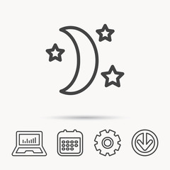 Night or sleep icon. Moon and stars sign. Crescent astronomy symbol. Notebook, Calendar and Cogwheel signs. Download arrow web icon. Vector