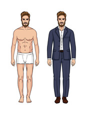 Fototapeta premium Stylish hipster man in blue Suit. Cartoon Gentleman characters. Men in fashion clothes..Handsome young man with suit, paper doll.