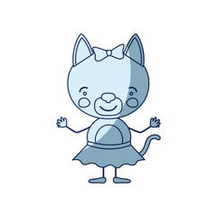 blue color shading silhouette caricature of cute expression female cat in skirt with bow lace vector illustration