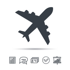 Obraz premium Plane icon. Flight transport symbol. Chat speech bubble, chart and presentation signs. Contacts and tick web icons. Vector