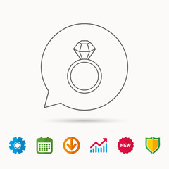 Ring with diamond icon. Jewellery sign. Calendar, Graph chart and Cogwheel signs. Download and Shield web icons. Vector