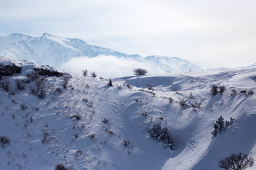 Fototapeta na wymiar Snowy mountains of Tien Shan in winter