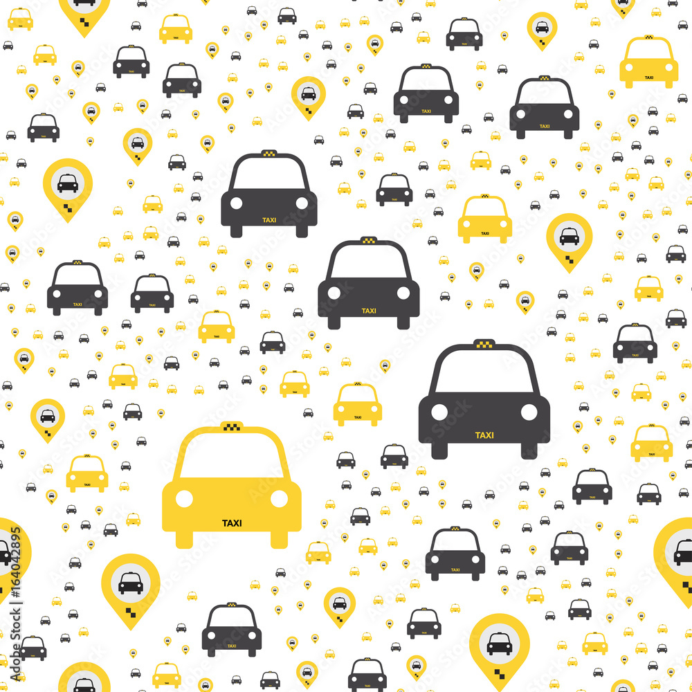 Aufkleber seamless pattern with yellow taxi icons with a geolocation icon on a white background. flat vector i