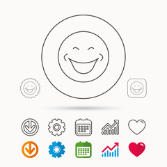 Smile icon. Positive happy face sign. Happiness and cheerful symbol. Calendar, Graph chart and Cogwheel signs. Download and Heart love linear web icons. Vector