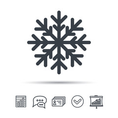 Snowflake icon. Air conditioning symbol. Chat speech bubble, chart and presentation signs. Contacts and tick web icons. Vector