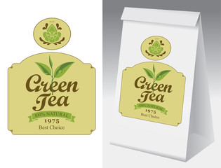 Paper packaging with label for green tea. Vector label for green tea with branch with leaves tea and paper 3d package with this label.