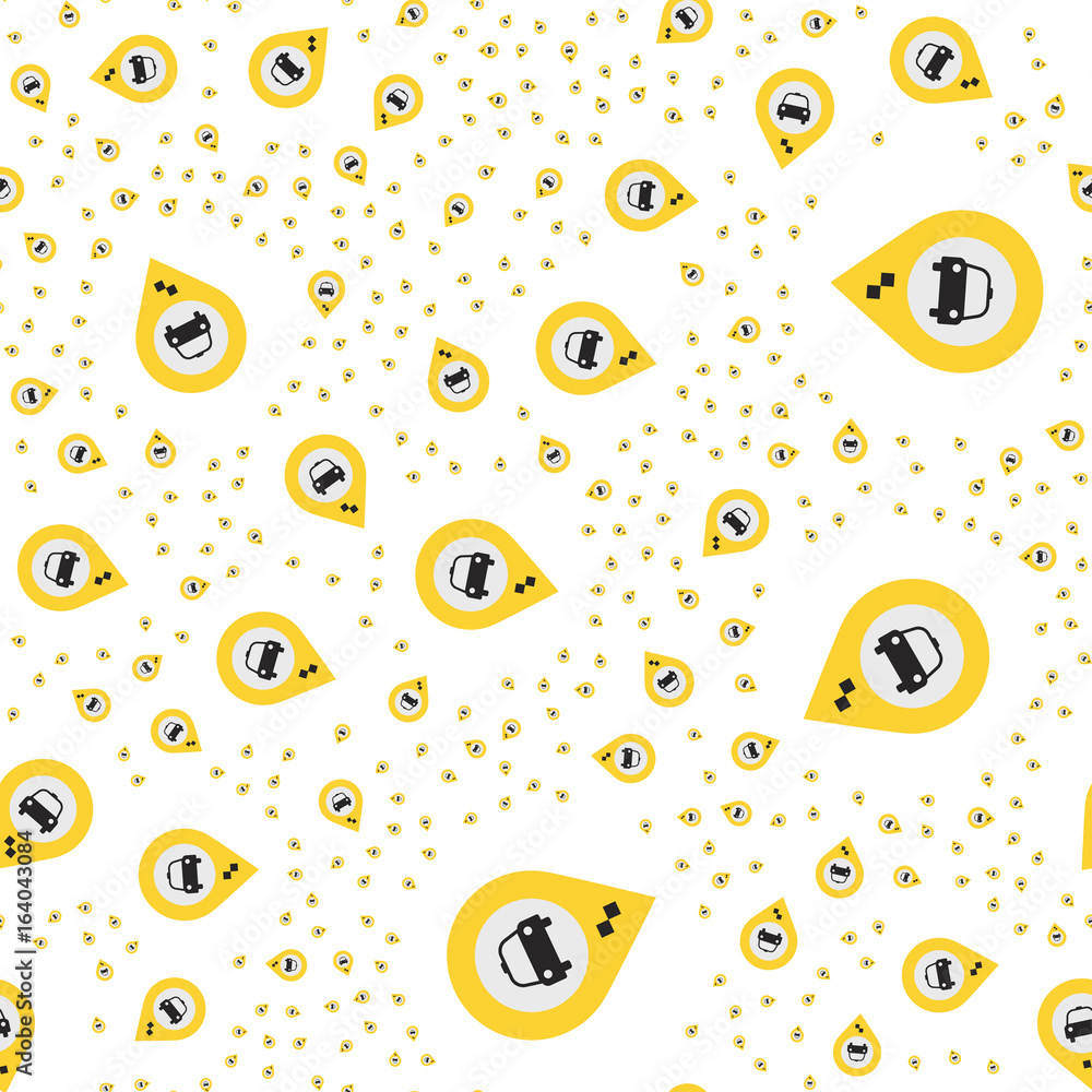 Poster seamless pattern with yellow taxi icons with a geolocation icon on a white background. flat vector i