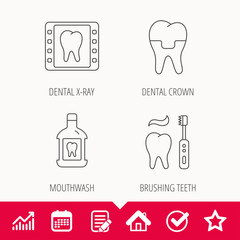 Dental crown, x-ray and brushing teeth icons. Mouthwash linear sign. Edit document, Calendar and Graph chart signs. Star, Check and House web icons. Vector