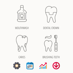 Caries, dental crown and mouthwash icons. Brushing teeth linear sign. Calendar, Graph chart and Cogwheel signs. Download colored web icon. Vector