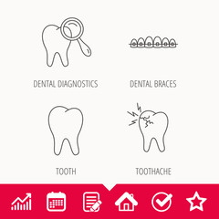 Tooth, dental braces and toothache icons. Dental diagnostics linear sign. Edit document, Calendar and Graph chart signs. Star, Check and House web icons. Vector