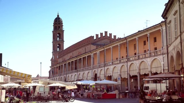 scenic timelapse of ancient  Italian square with picturesque street market in medieval village in Emilia Romagna, in Northern Italy