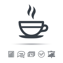 Tea cup icon. Hot coffee drink symbol. Chat speech bubble, chart and presentation signs. Contacts and tick web icons. Vector