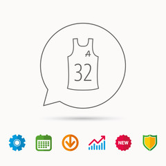 Team assistant icon. Basketball shirt sign. Sport clothing symbol. Calendar, Graph chart and Cogwheel signs. Download and Shield web icons. Vector