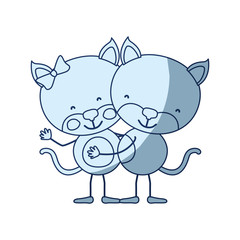 blue color shading silhouette caricature with couple of kittens embraced vector illustration