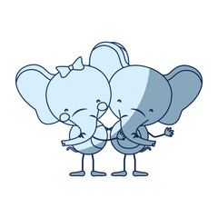 blue color shading silhouette caricature with couple of elephants embraced vector illustration