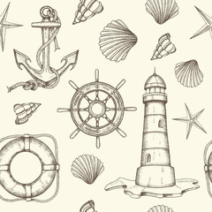 Summer vintage nautical seamless pattern. Hand drawn vector anchor, lighthouse, shells, lifebuoy and handwheel. Sketch. Pattern can be used for wallpaper, web page background, surface textures.