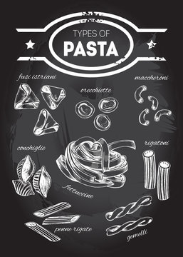 Different types of authentic Italian pasta - fusi istriani, orecchiette, maccheroni, conchiglie, fettuccine, rigatoni, penne rigate, gemelli. Hand drawn set. Vector illustration on the blackboard.