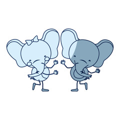 blue color shading silhouette caricature with couple of elephants dancing vector illustration