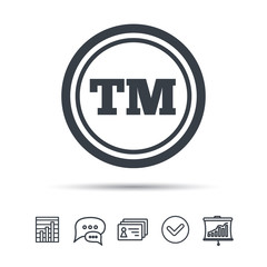 Registered TM trademark icon. Intellectual work protection symbol. Chat speech bubble, chart and presentation signs. Contacts and tick web icons. Vector