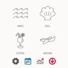 Shell, waves and cocktail icons. Airplane linear sign. Calendar, Graph chart and Cogwheel signs. Download colored web icon. Vector