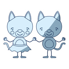 blue color shading silhouette caricature with couple of kittens holding hands vector illustration