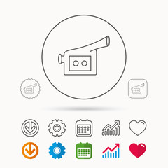 Video camera icon. Retro cinema sign. Calendar, Graph chart and Cogwheel signs. Download and Heart love linear web icons. Vector
