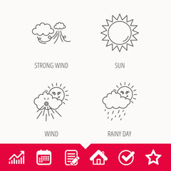 Weather, strong wind and rainy day icons. Sun linear sign. Edit document, Calendar and Graph chart signs. Star, Check and House web icons. Vector