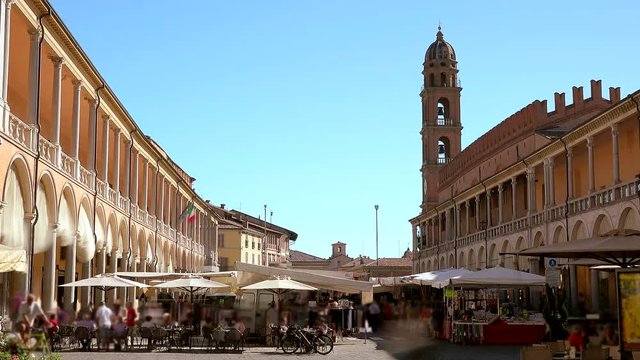 scenic timelapse of Italian picturesque street market in medieval village in Emilia Romagna, in Northern Italy