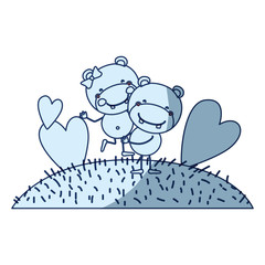 blue color shading silhouette scene sky landscape and grass with caricature couple of hippos one carrying the other vector illustration