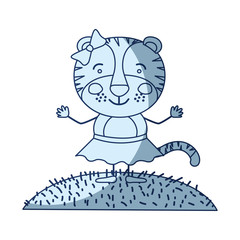 blue color shading silhouette scene sky landscape and grass with caricature cute expression female tigress in skirt with bow lace vector illustration