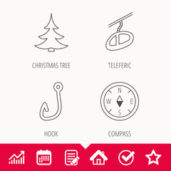 Fishing hook, teleferic and compass icons. Christmas tree linear sign. Edit document, Calendar and Graph chart signs. Star, Check and House web icons. Vector