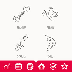 Spanner repair tool, spatula and bolt icons. Drill linear sign. Edit document, Calendar and Graph chart signs. Star, Check and House web icons. Vector